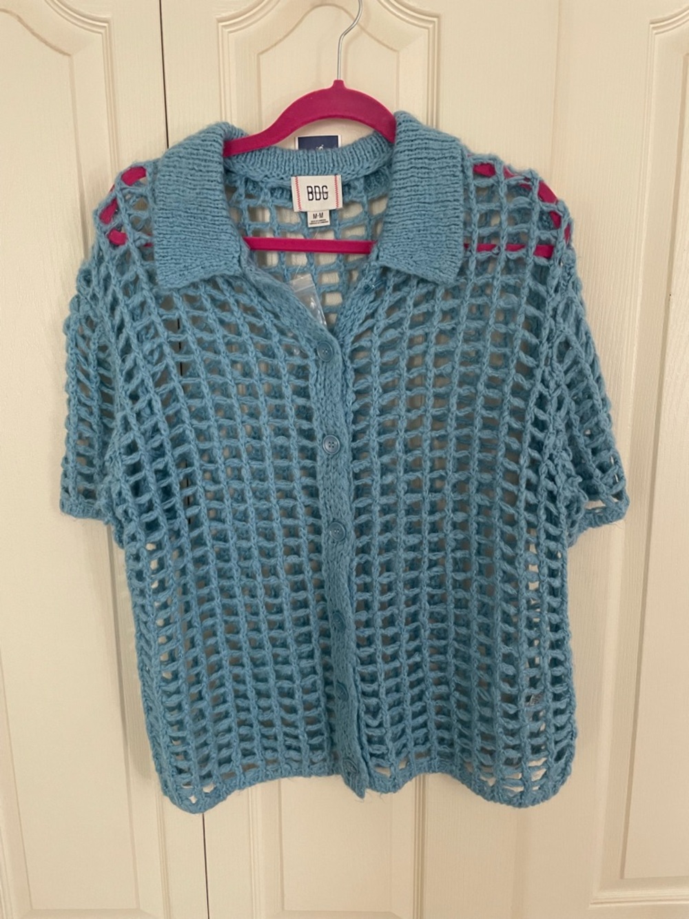 BDG Light Blue Open-Weave Short Sleeve Button Cardigan